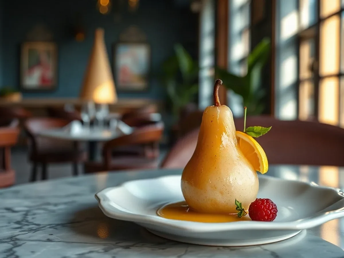 Poached pear with bright citrus on pale ceramic, touched by soft amber light.