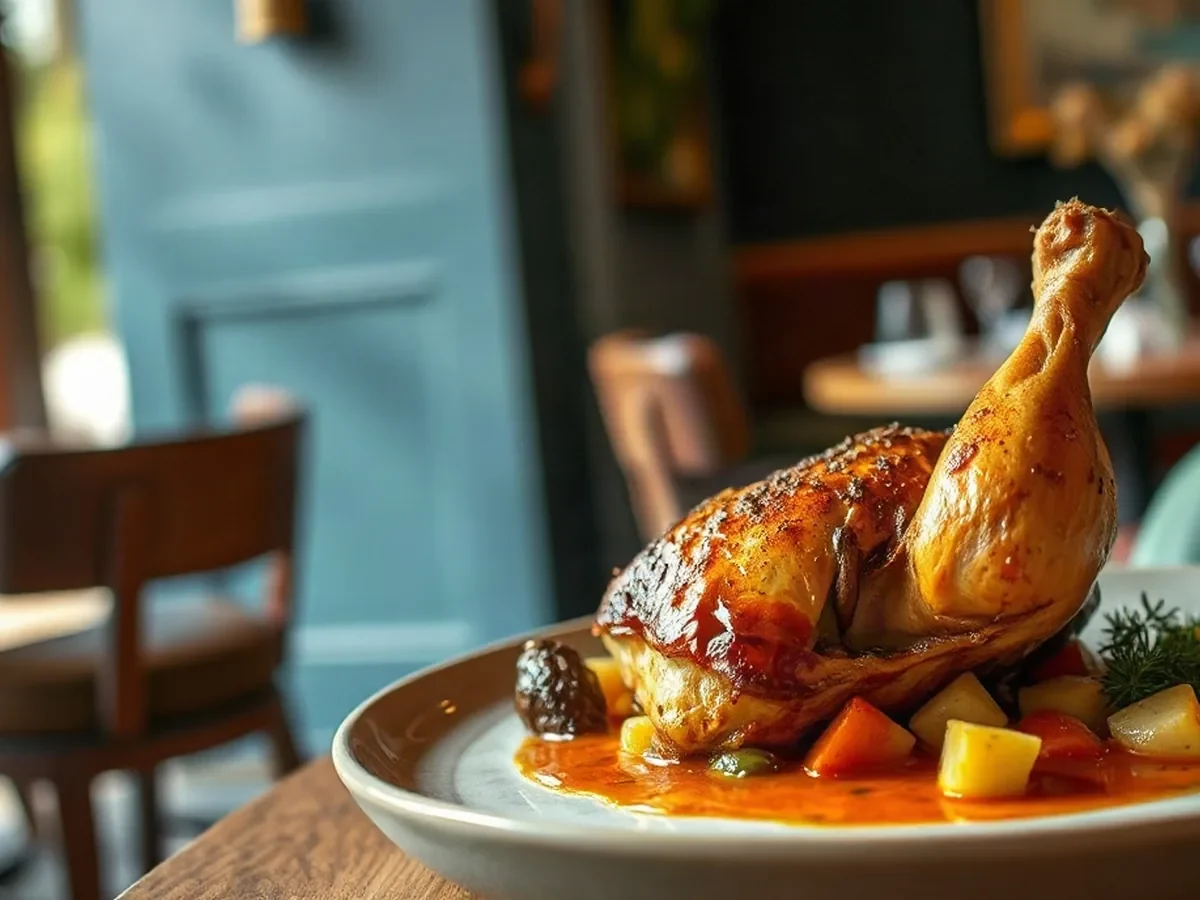 Roast chicken, seasonal vegetables and green herb sauce on a ceramic plate in warm light.