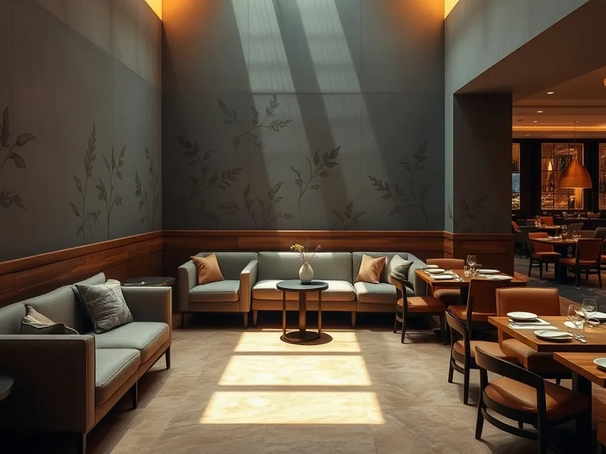 Quiet lounge seating beside smoked oak and limestone in gentle amber and daylight.