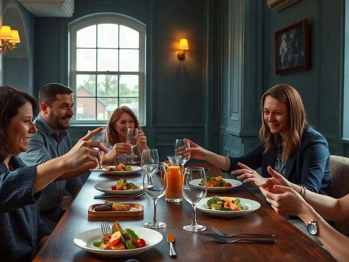 Adults share a meal at a smoked-oak table beneath botanical patterns and warm light.