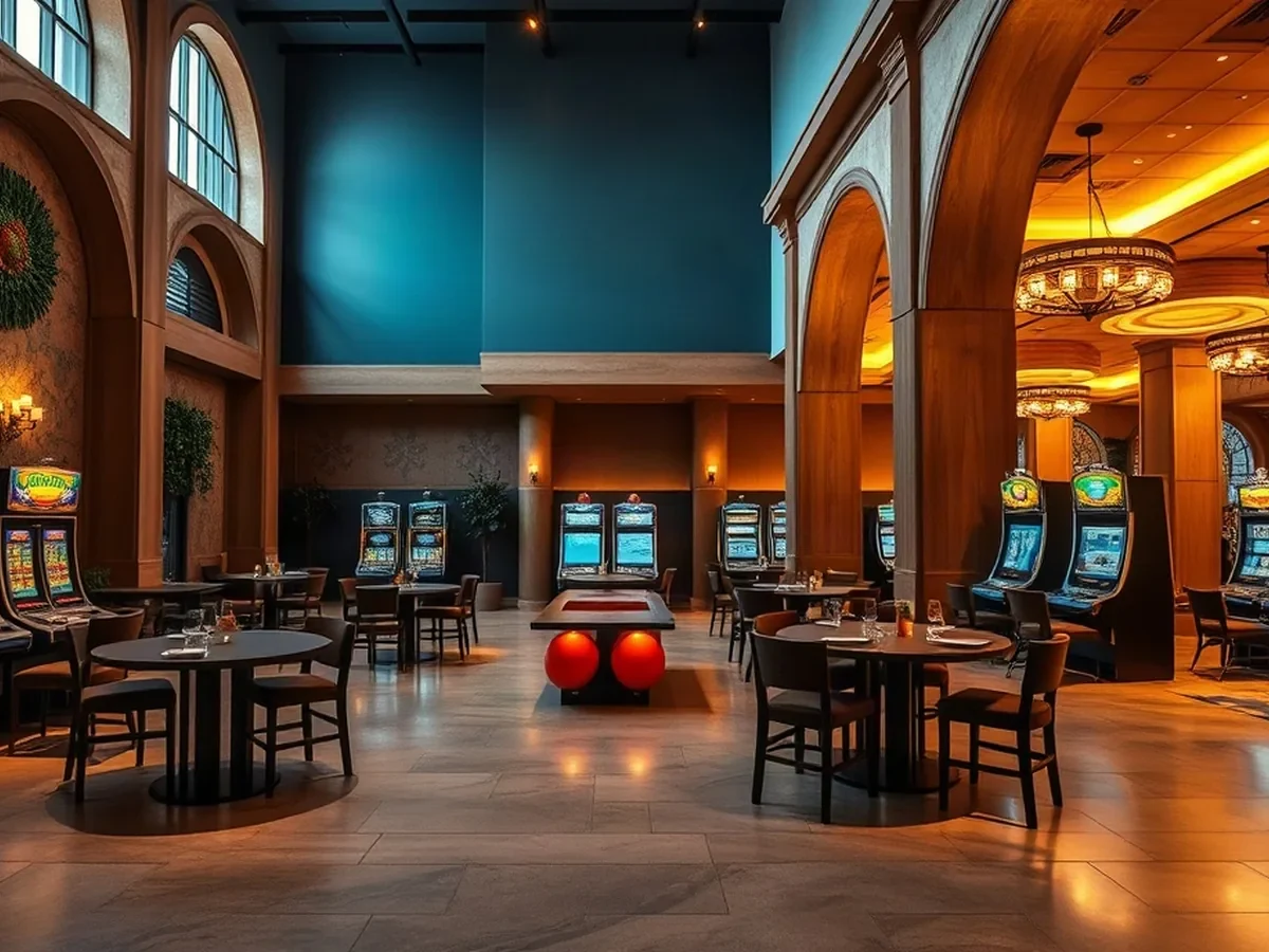Gaming tables and glowing machine forms sit among clay-blue walls and smoked oak.